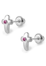 gorgeous itty-bitty silver pink sapphire cross earrings toddlers